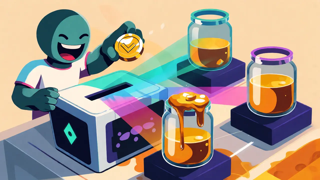 Cartoon user voting with RAM tokens to direct liquidity pool emissions