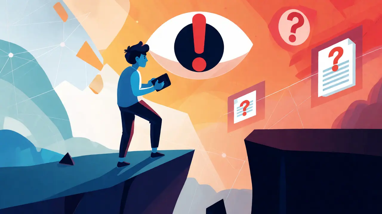 Character hesitating at a cliff edge facing a void, symbolizing the risks of using Unnamed.Exchange