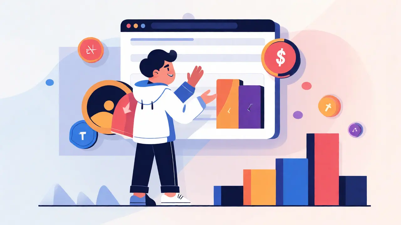 Character swapping crypto tokens on a stylized decentralized exchange interface