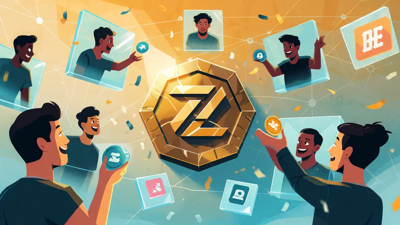Community exchanging assets around a glowing ZRO token logo