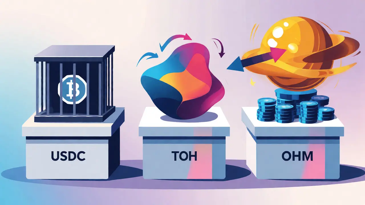 Comparison of stablecoin, algo token, and OHM reserve asset