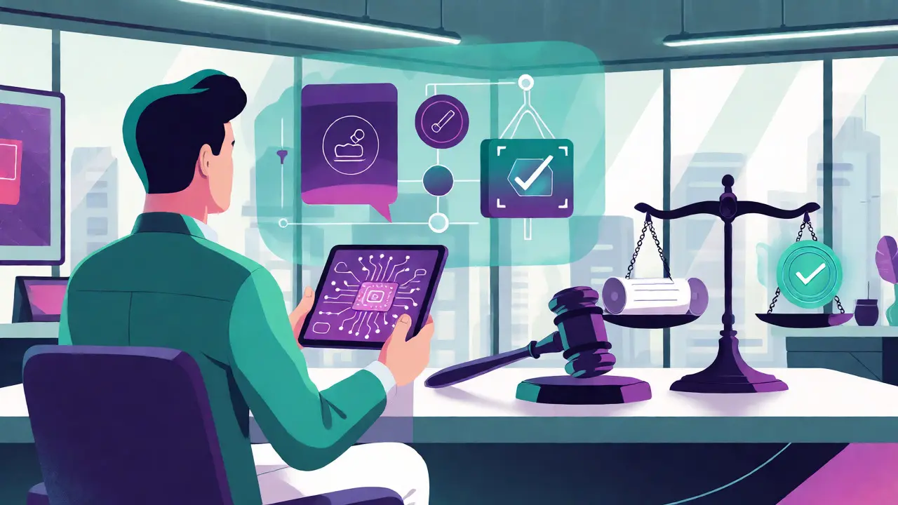 Creator using AI tools with blockchain verification and legal scales in a modern studio.