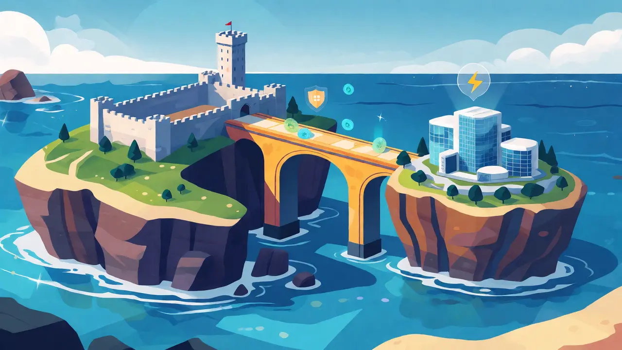 Digital assets moving across a bridge between a fortified main chain and a modern sidechain