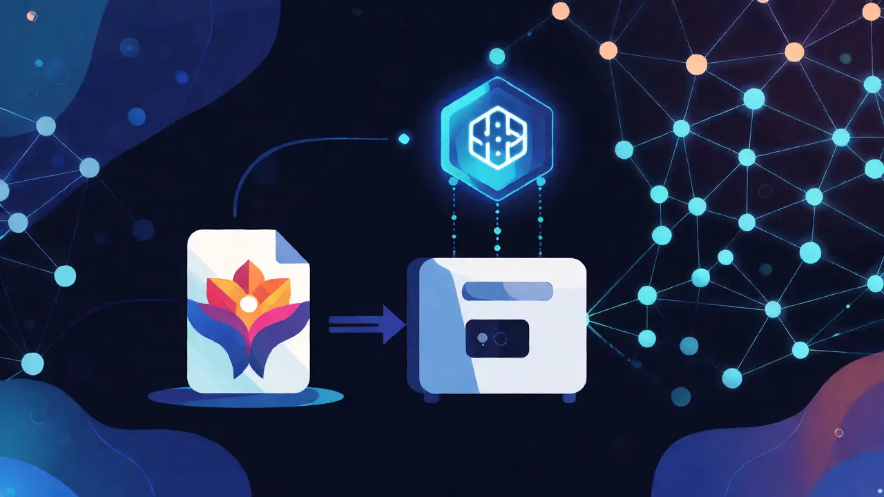 Digital file transforming into a hash and connecting to a decentralized blockchain network.