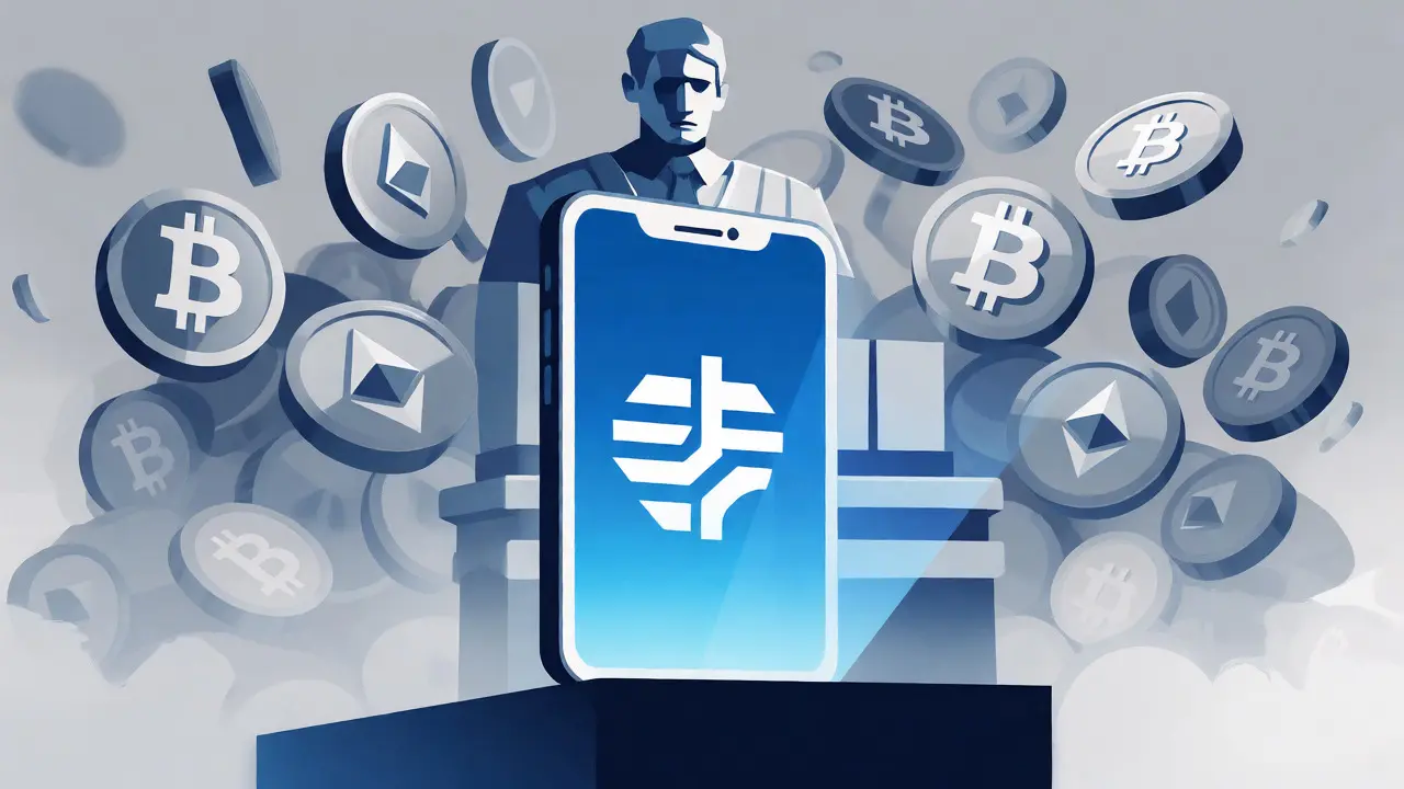 Digital Yuan smartphone app glowing brightly against a backdrop of chaotic decentralized crypto tokens.