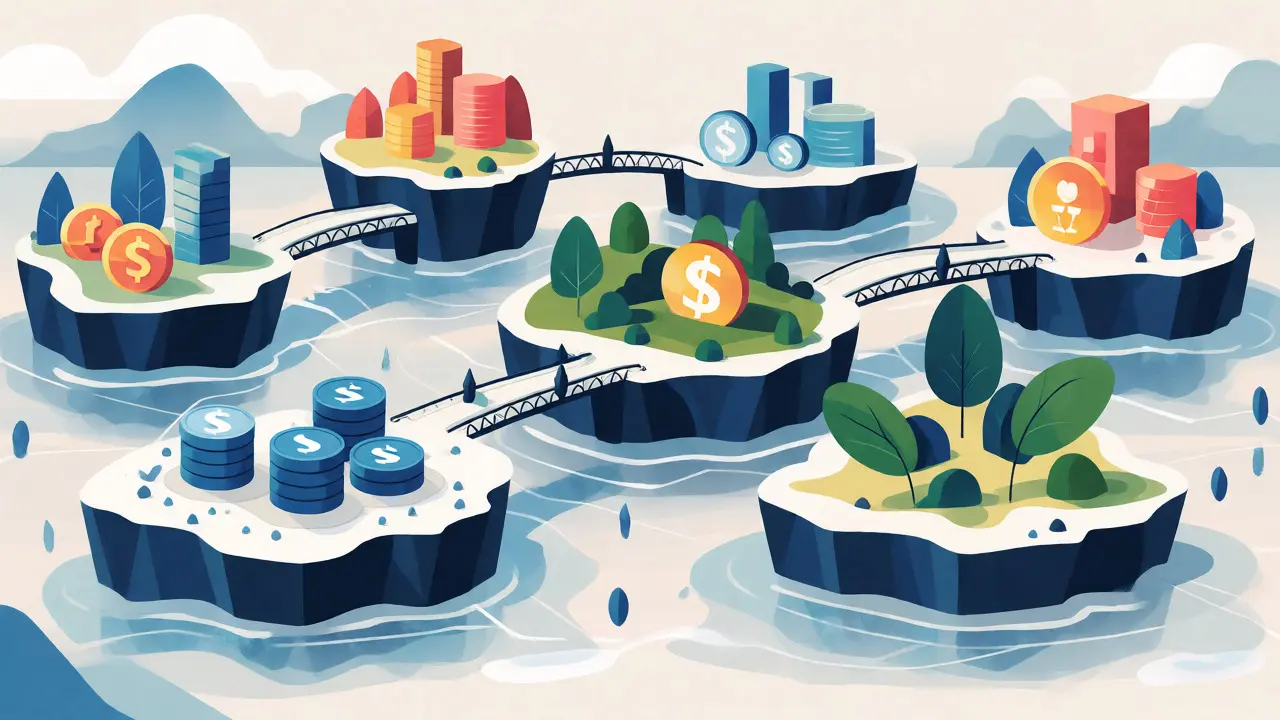 Flat illustration of fragmented blockchain islands holding different types of digital assets.