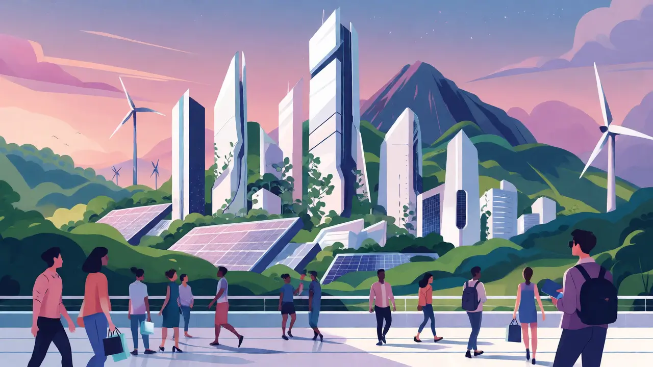 Futuristic Bitcoin City skyline blending with volcanic landscape and nature