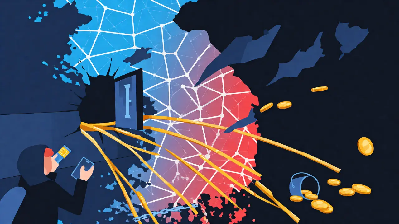 Hacker stealing crypto from a cracked digital vault via SIM swap in a chaotic scene.