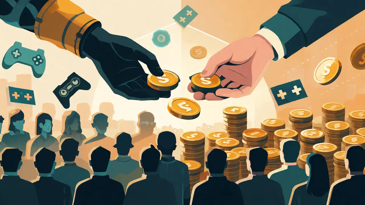Hands distributing tokens and tickets to avatars in a flat illustration