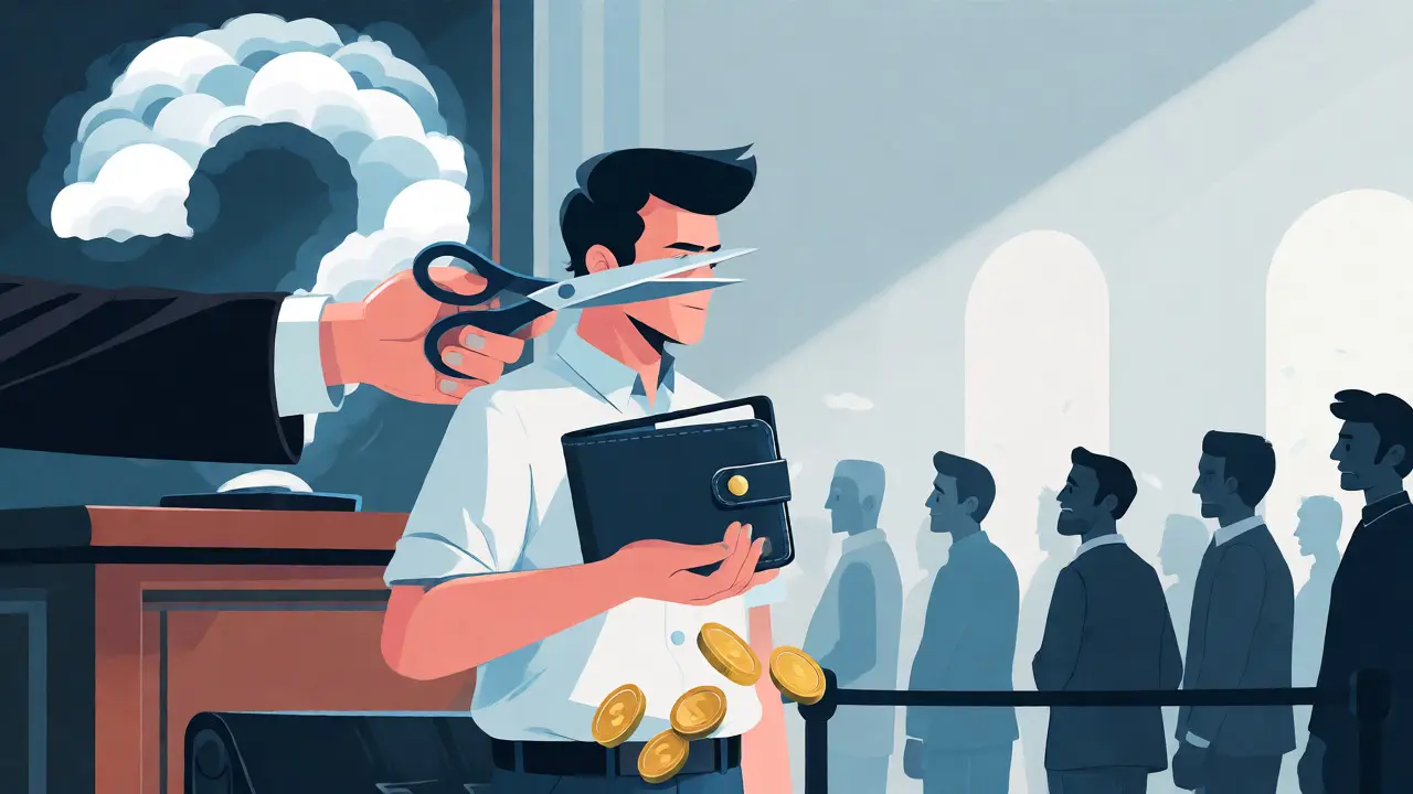 Illustration of an investor losing crypto funds in a courtroom where contracts are being cut.
