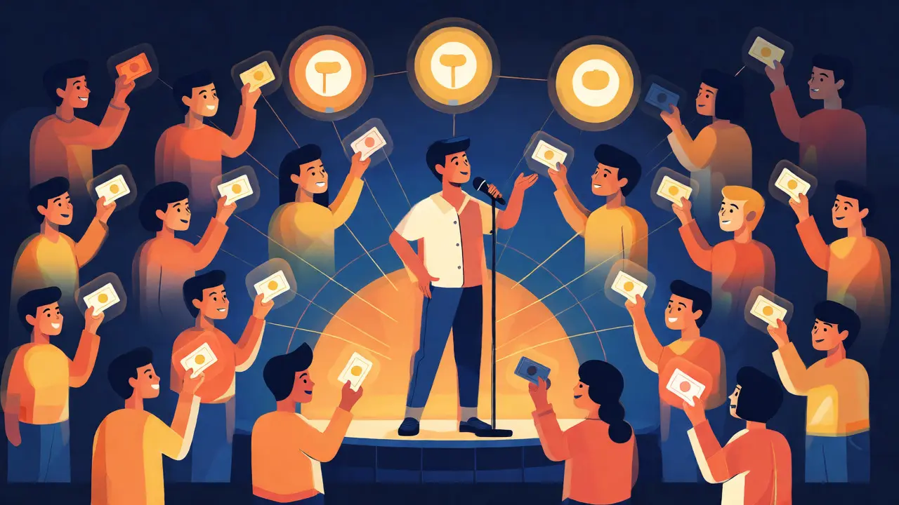 Illustration of fans holding tokens supporting a creator in a community.