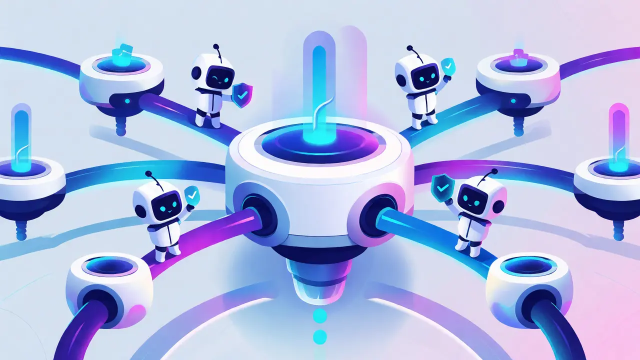 LayerZero network diagram with DVN robots verifying messages