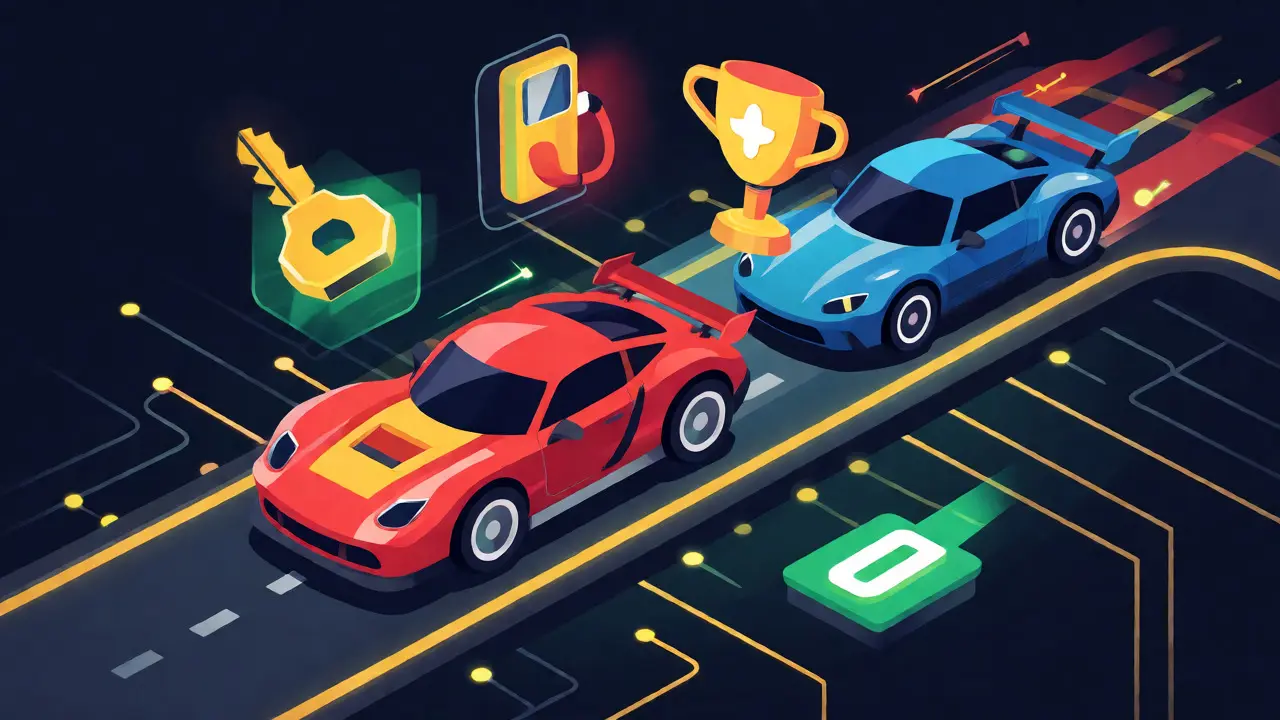 Motorsport cars on a digital track using REVV tokens for boosts and wins