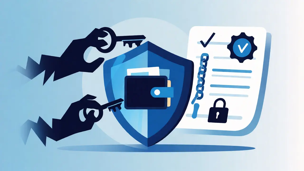 Shield protecting a crypto wallet from scam threats with security icons
