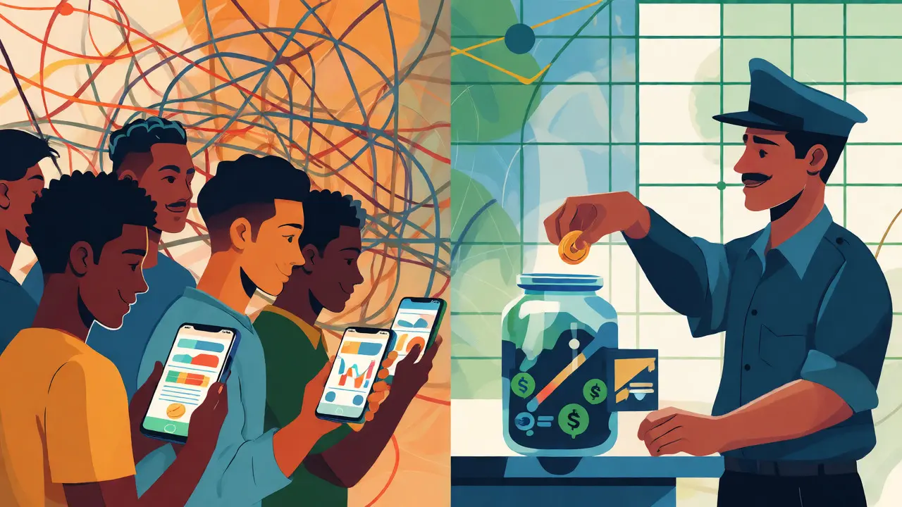 Split view of Nigerian traders on phones and tax collection, showing regulated crypto adoption.