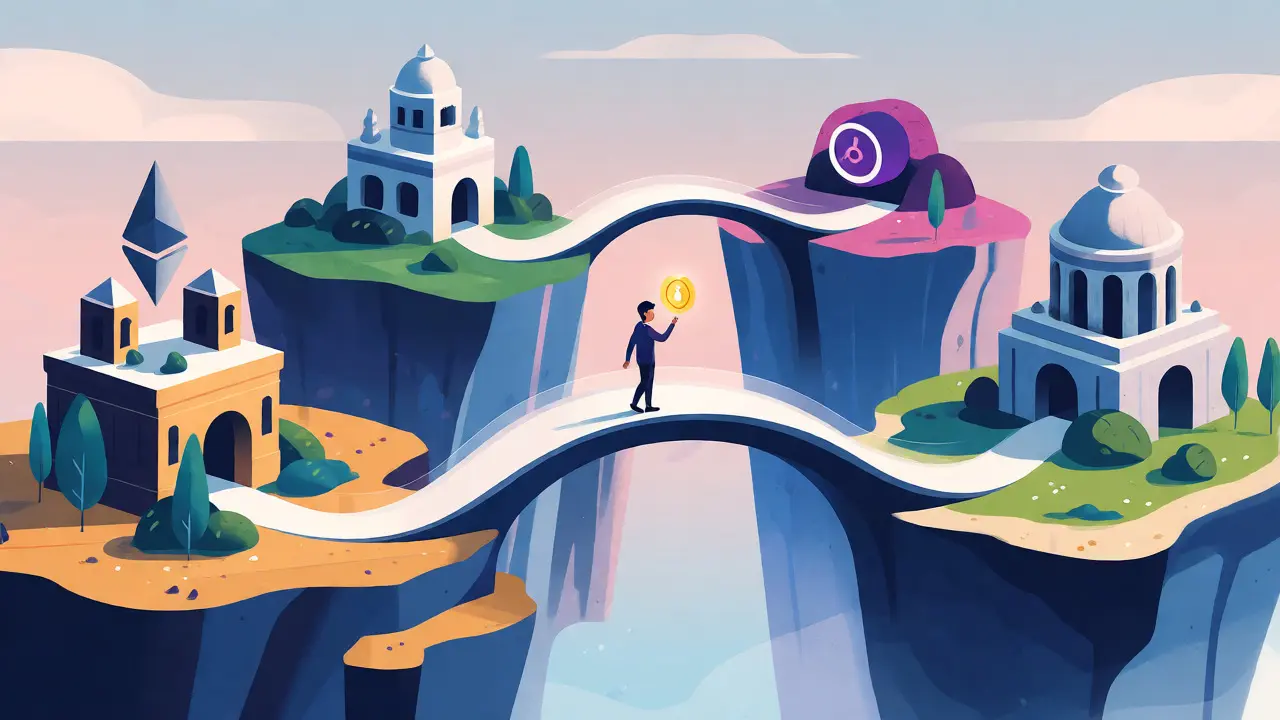 Stylized map showing seamless token transfer across multiple blockchains via LayerZero bridges.
