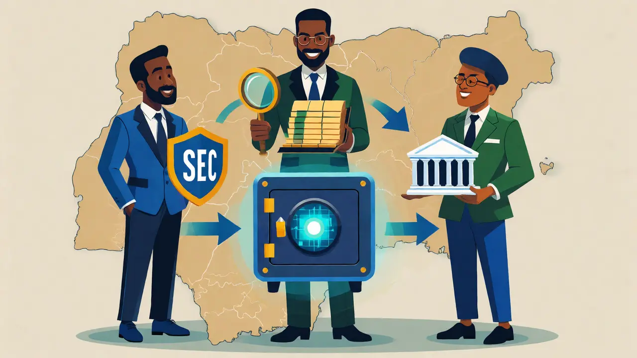 Three cartoon regulators surrounding a digital vault, symbolizing SEC, EFCC, and CBN oversight.
