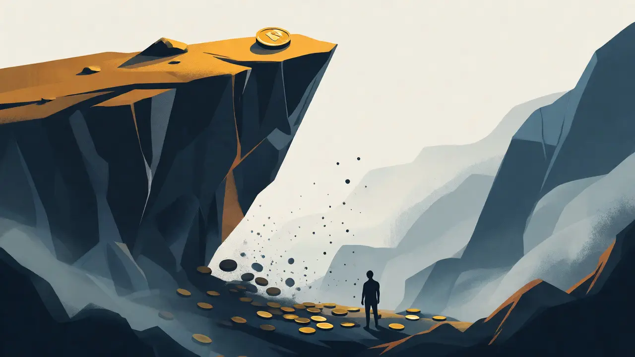 Visual metaphor of a golden coin falling off a cliff into a deep valley.